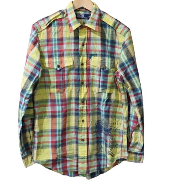 Polo Ralph Lauren Colorful Plaid Distressed Button-Down Shirt Medium Patchwork - Picture 1 of 16